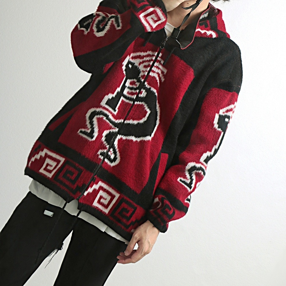 Vintage 90s Kokopelli Knit Zip Up Hoodie Red Black Southwestern Tribal Pattern